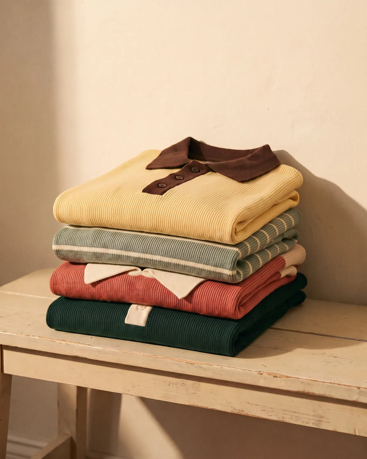 Chipper apparel tile - stack of four folded retro knit polo shirts
