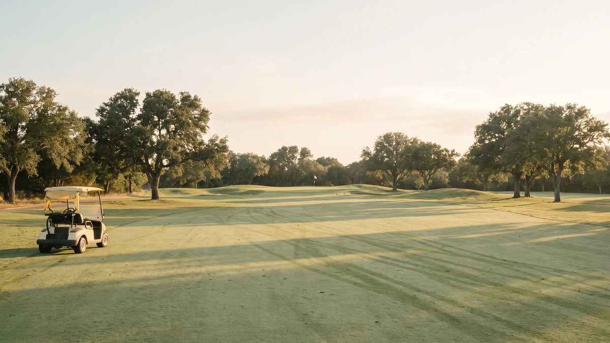 Chipper course banner - empty fairway at golden hour with a vintage cream golf cart