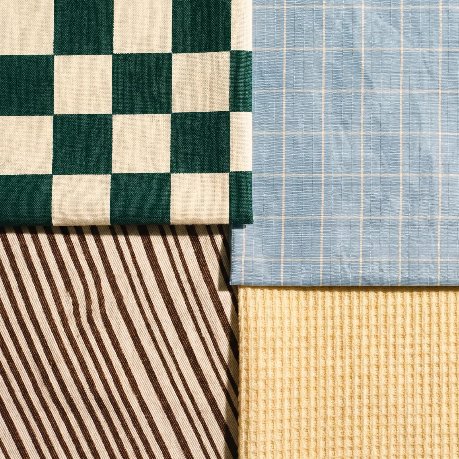 Chipper fabric swatches - checkerboard, windowpane nylon, hickory stripe and waffle knit