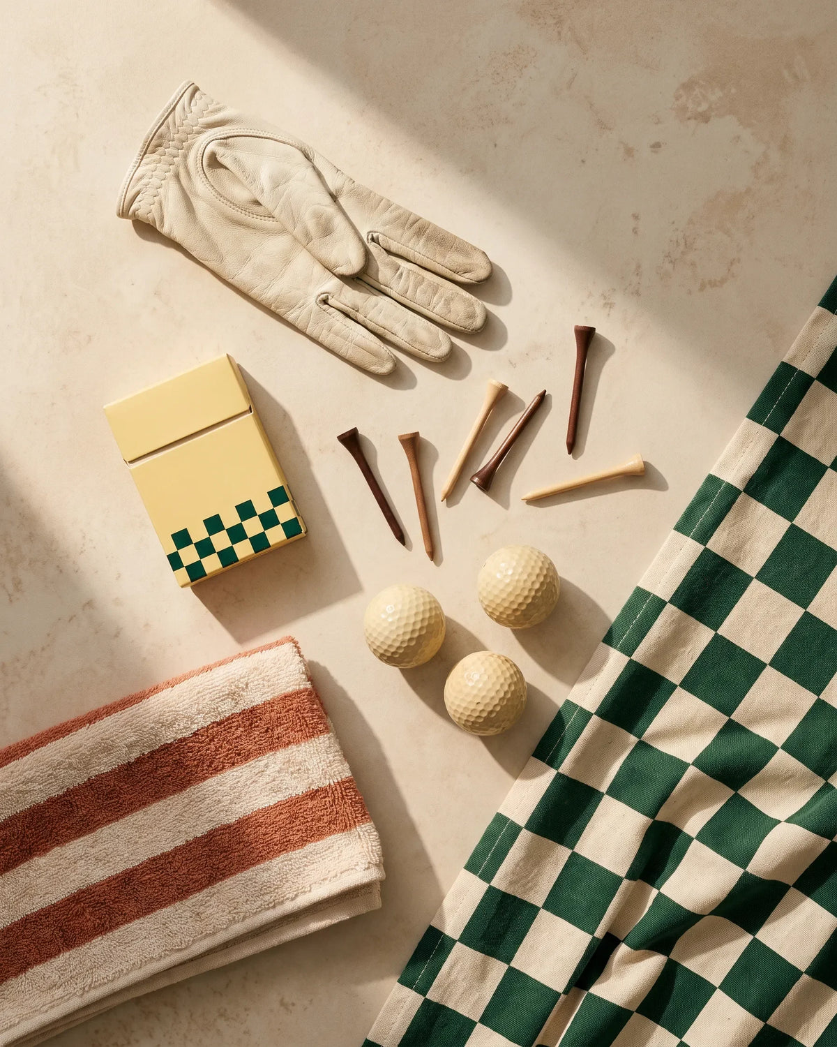 Chipper accessories tile - flat lay of glove, tee box, balls and checkerboard cloth