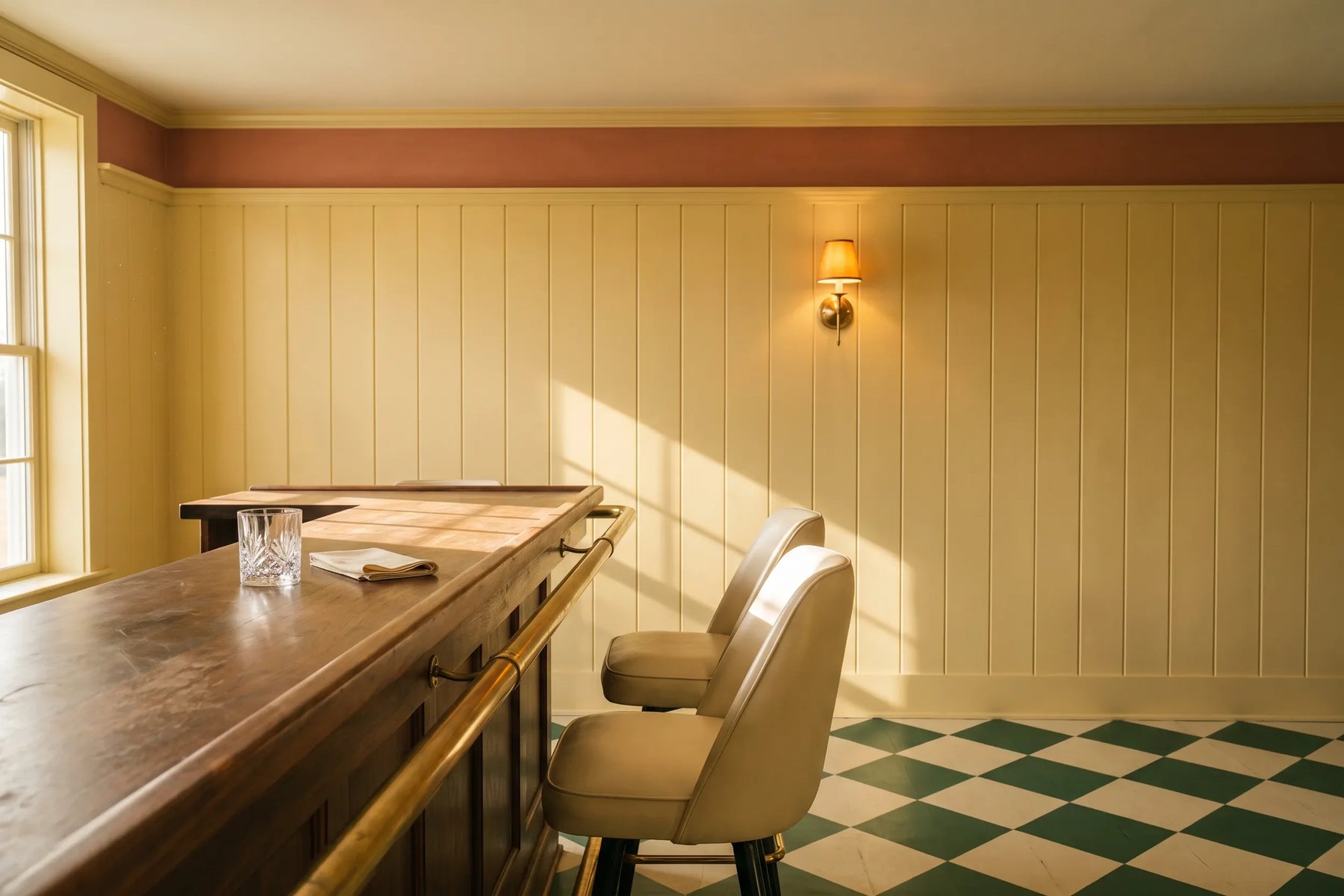 Chipper brand story - empty country club bar with butter yellow panelling and checkerboard floor
